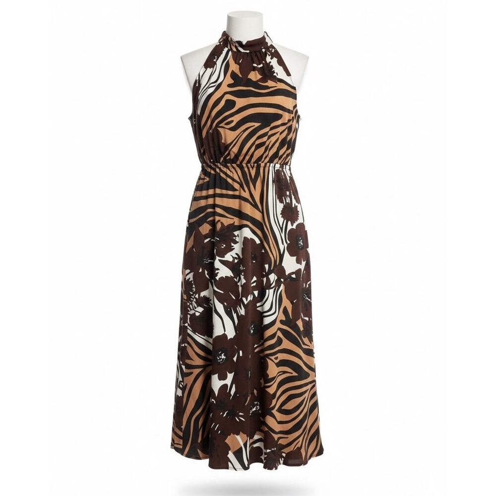 Eva Mendes Brown Animal Floral Halter Maxi Dress Medium